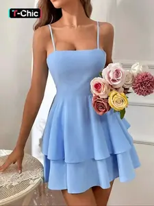 Women's Plain Ruffle Trim  Cami Dress, Fit, Casual Wear, Sleeveless Short Dress for Beach Holiday Vacation Summer, Ladies Clothes for All Seasons, Womenswear