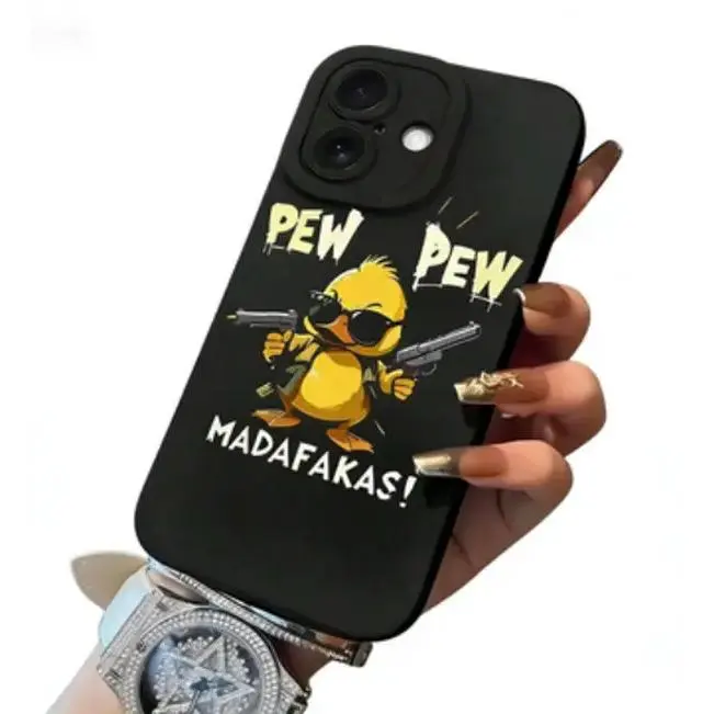 1pc Secure Lightweight TPU Soft Phone Case, Funny Duck Holding Gun Design, Shock-Absorbing Black Protective Cover with Precise Camera Lens Protection for iPhone 14/15, Samsung Galaxy Series