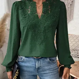 A fashionable lace V-neck shirt for women's clothing, suitable for daily commuting