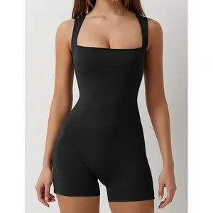 QINSEN Womens Strappy Square Neck Tank Top Tummy Control Bodycon Stretch Shorts Jumpsuit Rompers Fabric Soft