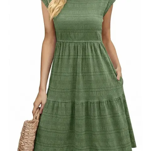 Shewin Women's Round Neck Cap Sleeve Textured Tiered Midi Dress - Minimalist, Body-Friendly Basic Casual Dress with Elastic Waist, Side Pocket, Sundress for Daily Outings, Women's Clothes DealsForYouDays