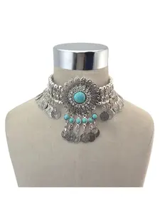 Necklace Accessories Coin Pendant Turquoise Series Necklace Alloy Engraved Collarbone Chain