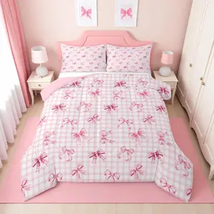 Girls Pink Bow Comforter Set,| Coquette Ribbon Bow Tie Bedding Set,for Kids Women,Pink and White Checkered Bed Set,Cute Preppy Bows Room Decor