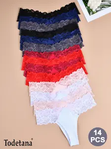 14pcs Women’s Floral Lace Bow Scallop Sheer Knicker, Nylon Comfy Breathable Cozy Panties for Daily Wear,Women’s Fall Underwear Bottoms, Back-to-school Clothing, Womenswear Clothes, Girlfriend Gift Bundle,Gifts , Floral Print Seamless Thong Panties