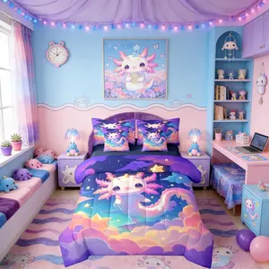 Feelyou Girls' 7-Piece Microfiber Bedding Set - Cute Axolotl Salamander Figure Print Blanket, Comforter, Sheets, Dreamy Starry Sky Clouds Design, Soft Blankets