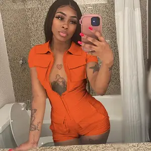 two-piece set woman Streetwear Zipper Pockets Shorts Jumpsuit Women Clothing Short Sleeve Skinny Cargo Playsuit Summer Casual