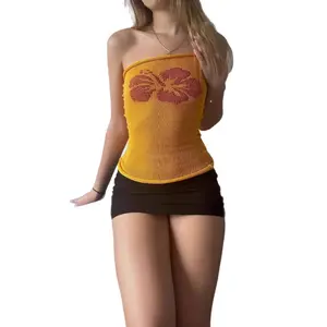 Women Hibiscus Flower Knit Tube Top Strapless Slim Fitted Y2K Vintage Casual Cropped Bandeau Tank Top
