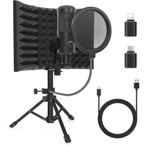 Studio Recording Microphone Isolation Shield with Pop Filter and Metal Tripod Stand, Studio Mic to PC Laptop Smartphone, Music Microphone for Recording Singing Podcasting