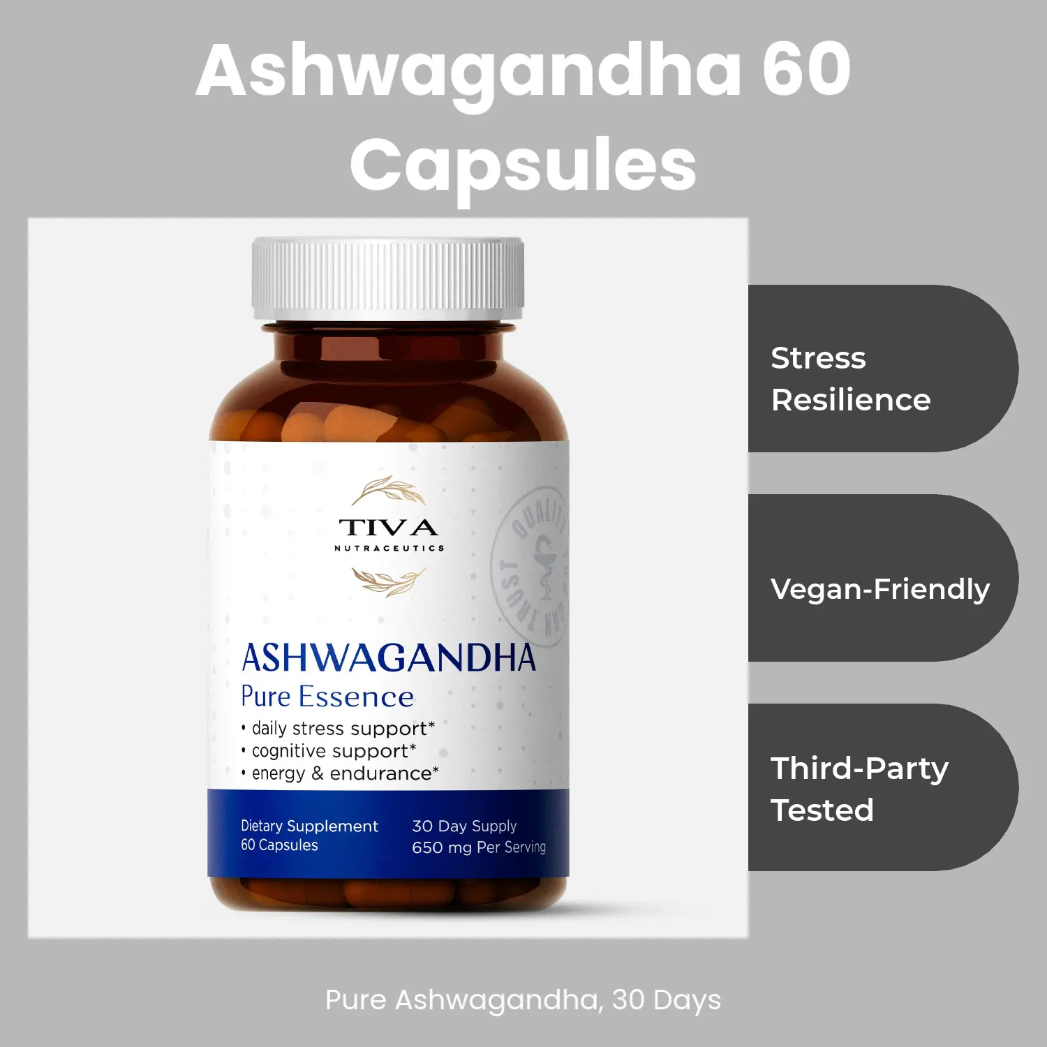 Tiva Nutraceuticals Ashwagandha Pure Essence 60 Capsules High Potency Organic Moringa Extract for Daily Stress Support Energy Endurance 30 Day Supply