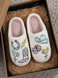 Western Cowboy Style Plush Slippers, Boho Style Slippers, Luckgirl Embroidered Floral Design, Warm Indoor Outdoor Shoes for Fall & Winter