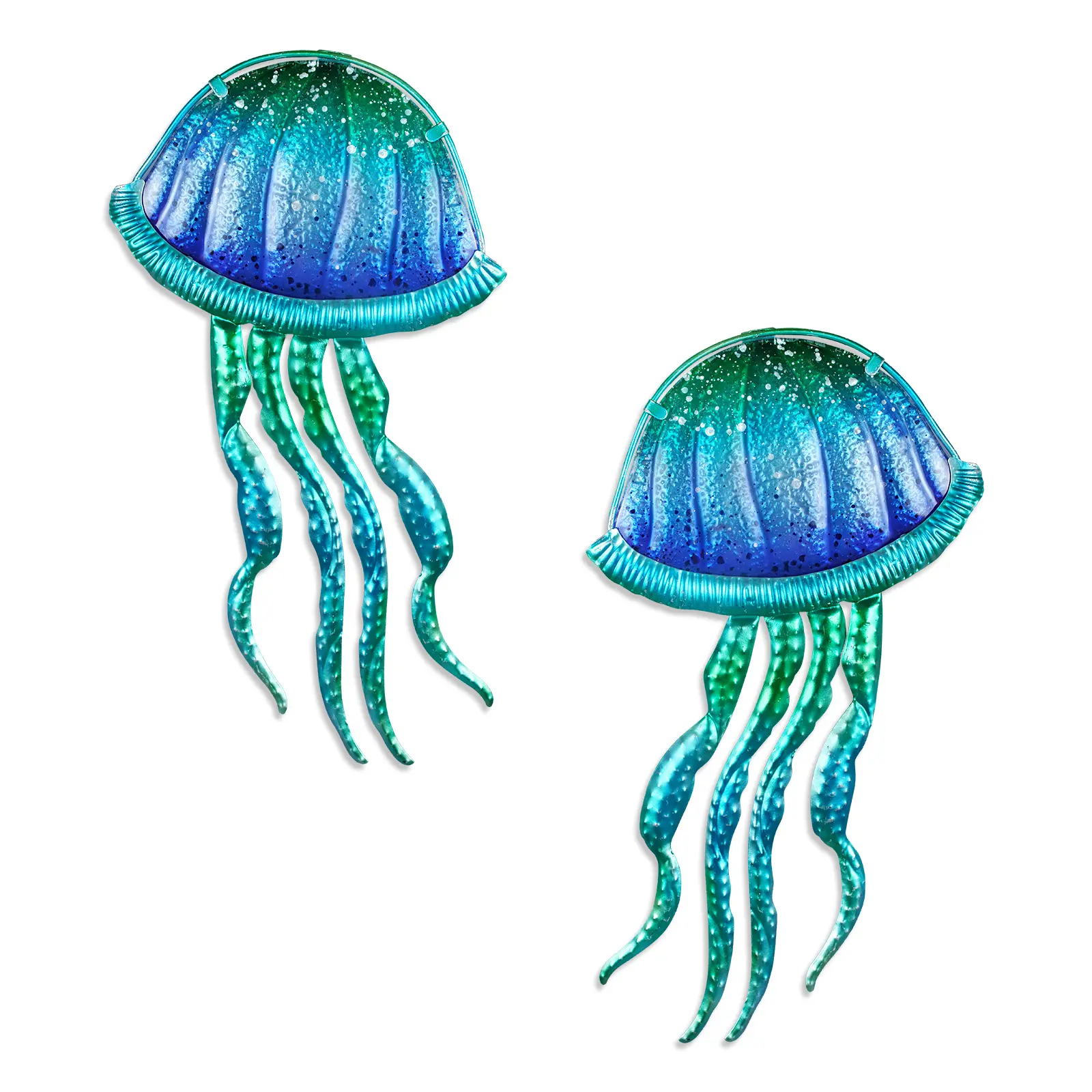 LIFFY Metal Jellyfish Wall Decor - Ocean Tropical Fish Wall Art - Glass Metal Fish Wall Decor for Pool, Beach, Bathroom, Living Room, Bedroom - 15inch, 2Pcs