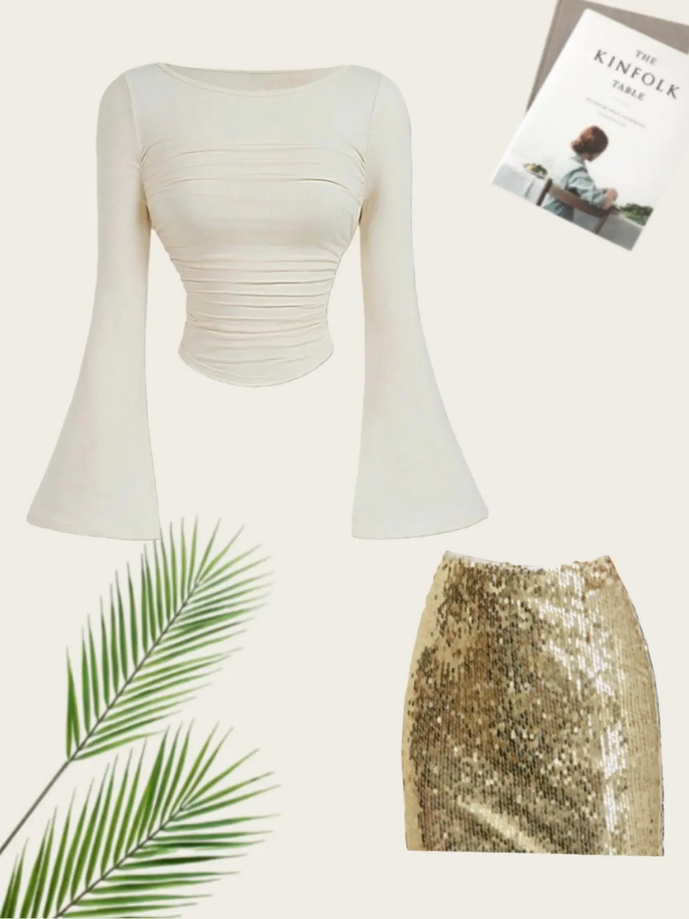 Spring Fall Fashion Big Round Neck Solid Color Slimming Flared Long Sleeve Top Sequins Bodycon Half Skirt Set