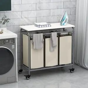 3-Compartment Heavy-Duty Laundry Sorter Cart w/ Lockable Wheels, Ironing Board, & Removable Bags for Easy Sorting & Storage Deals For You Days