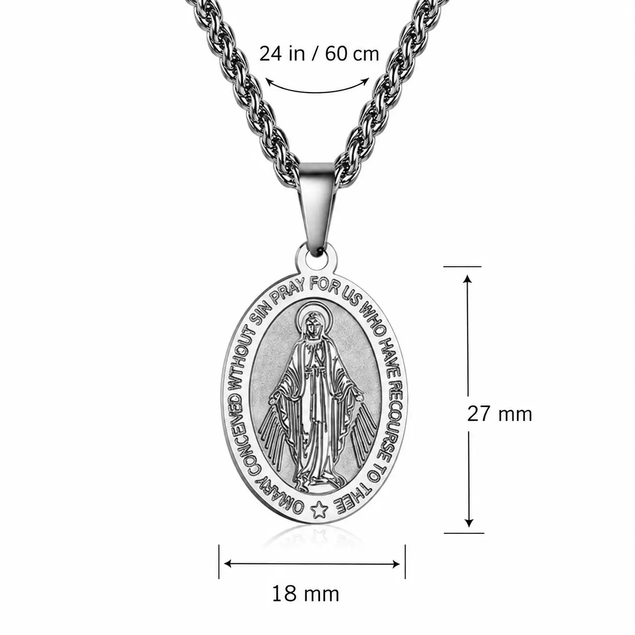 Unisex Long Silver Double-Sided Miracle Medallion Necklace, Stainless Steel Waterproof Virgin Mary Pendant with Twist Rope Chain, Catholic Religious Jewelry Gift for Baptism Conf.