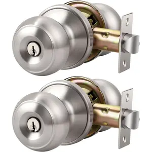 2 Pack Brushed Nickel Door Knob with Lock and Key, Keyed Alike, Exterior Keyed Door Knobs Lock with Same  in Solid Stainless Steel for Entrance and Front Door, Round Ball Handle