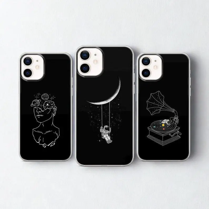 Black Space Moon Astronaut Celestial Line Art Galaxy Surreal Vintage Phone Case for iPhone 17 16 15 14 13 12 Pro Max Mini Samsung S26 S25 S24 S23 S22 S21 Ultra Plus FE MagSafe compatible