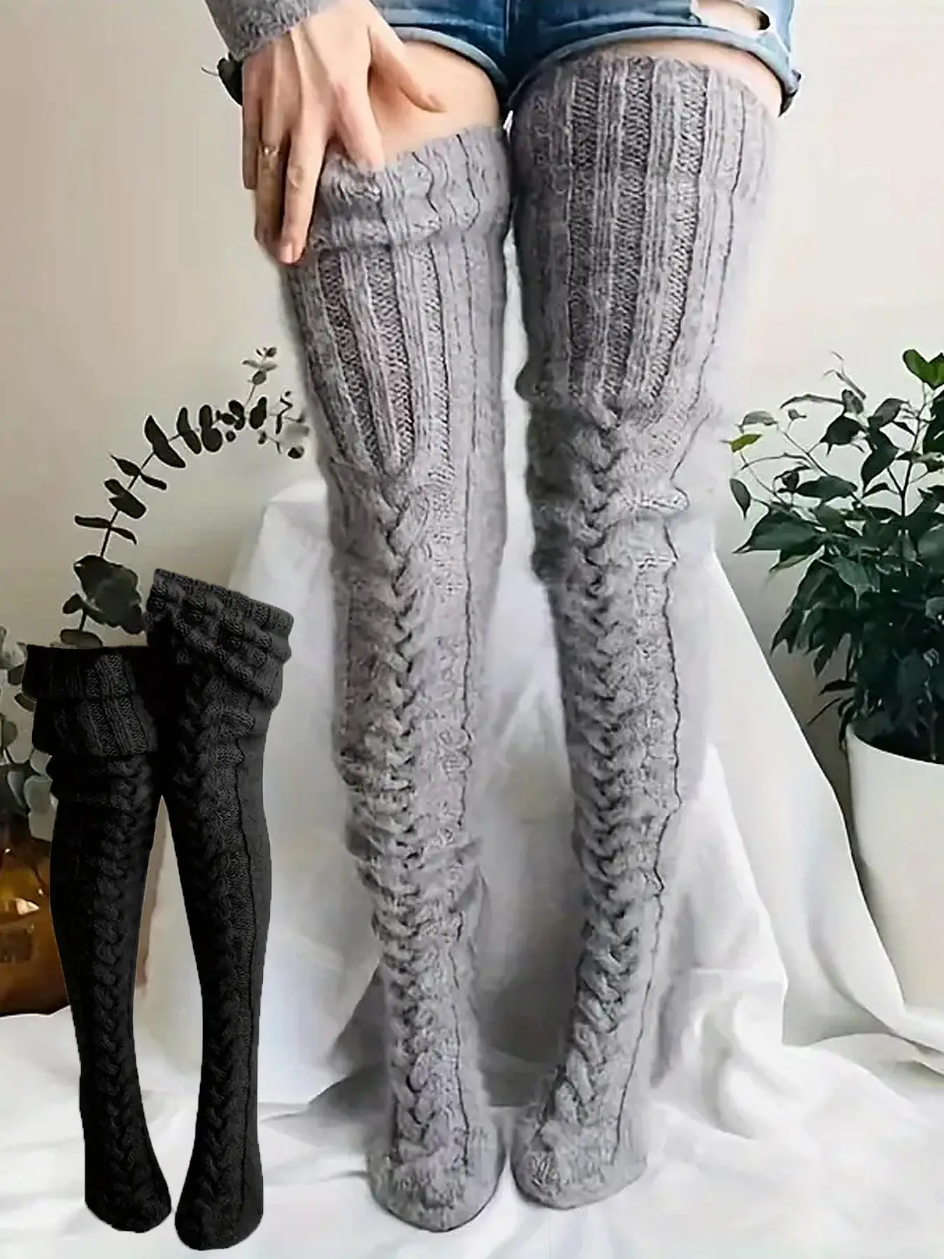 Women's Solid Textured Over The Knee Socks, Casual Warm Comfy Thigh High Socks for Fall & Winter, Women's Socks for Daily Wear, Fluffy Pajamas