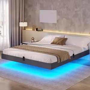 ADORNEVE Floating Bed Frame Full Size, LED Bed Frame Linen Upholstered Platform Bed with Underbed Storage Space, Heavy Steel Slats Support, No Box Spring Needed, Noise Free