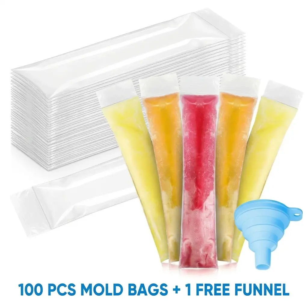 100 Packs Ice Pop Bags with Collapsible Silicone Funnel - BPA-Free Food-Grade Leakproof Freezer Pouches, Double Zipper Seal for Smoothies, Homemade Popsicles