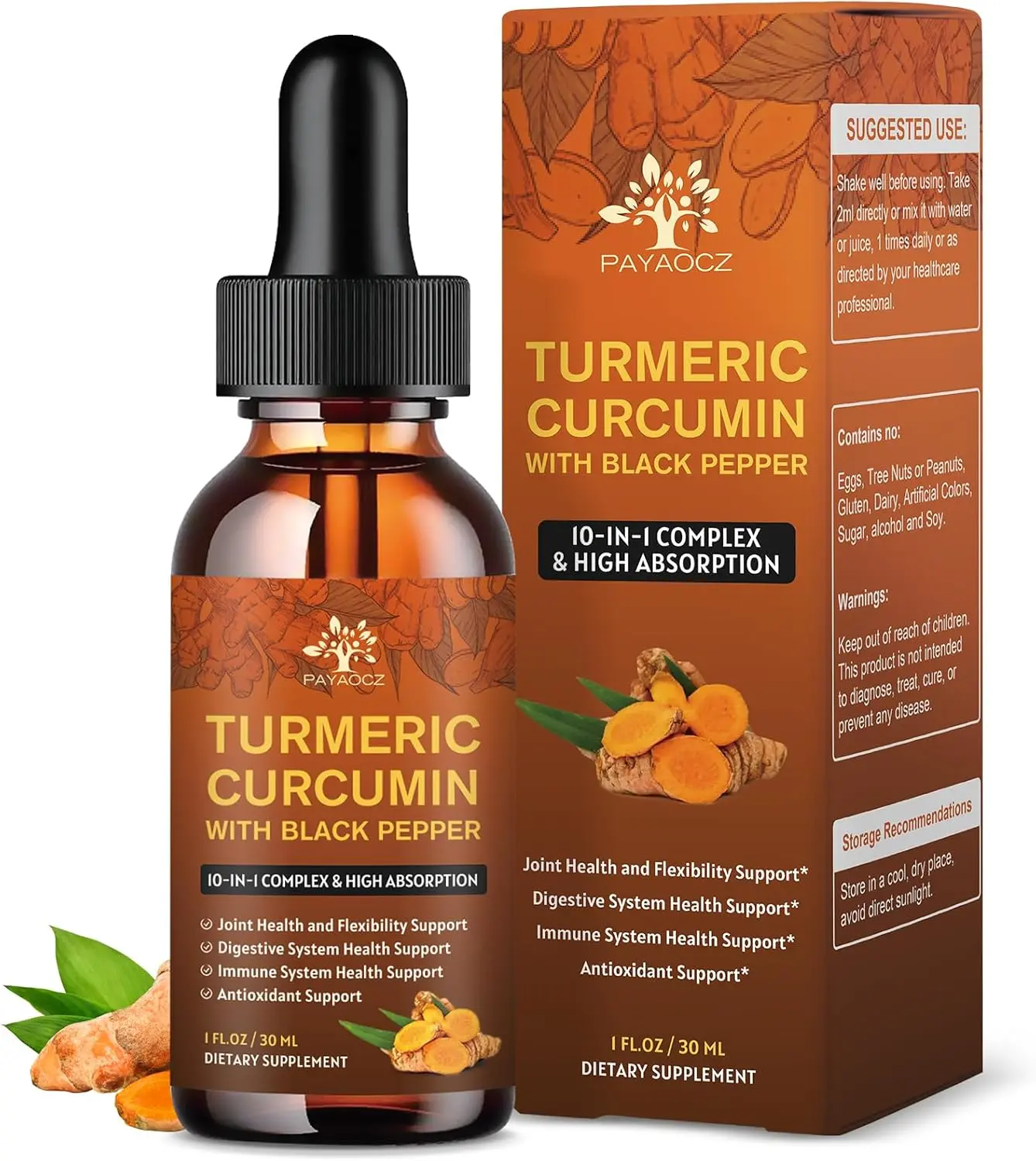 Payozz Organic Turmeric Curcumin Supplement with Black Pepper & Ginger - 1 Fl Oun - Joint Support & Digestive Health - Dietary Supplement with Boswellia, Cinnamon, Rosemary & Sage