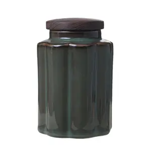 Ceramic Storage Jar with Wooden Lid, Sage Green, Kitchen Canister