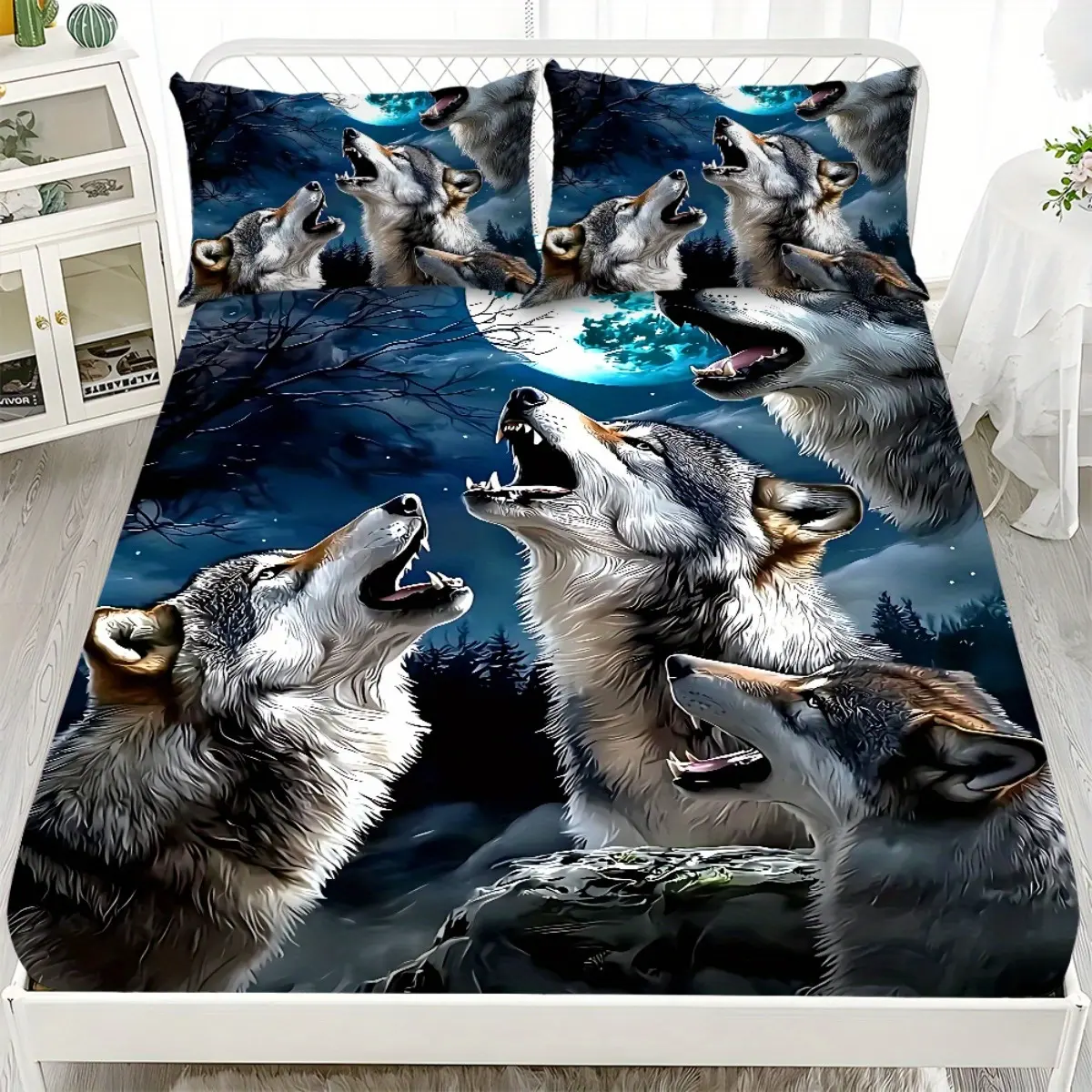 3-Piece Breathable Soft Wolf Howl Moon Night Pattern Bedding Set - Coreless Light Beige Fitted Sheet (1) + Pillowcases (2), All-Seasons Fashionable Home Linens, Suitable for Family Bedrooms, Other Patterns Available