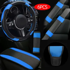 6pcs Carbon Fiber Leather Car Steering Wheel Cover Set Suitable for 14.96 Inches, Universal Shoulder Safety Belt Cover, Hand Box Pad, Gear Knob Cover, Interior Set Combination, Suitable for Men and Women