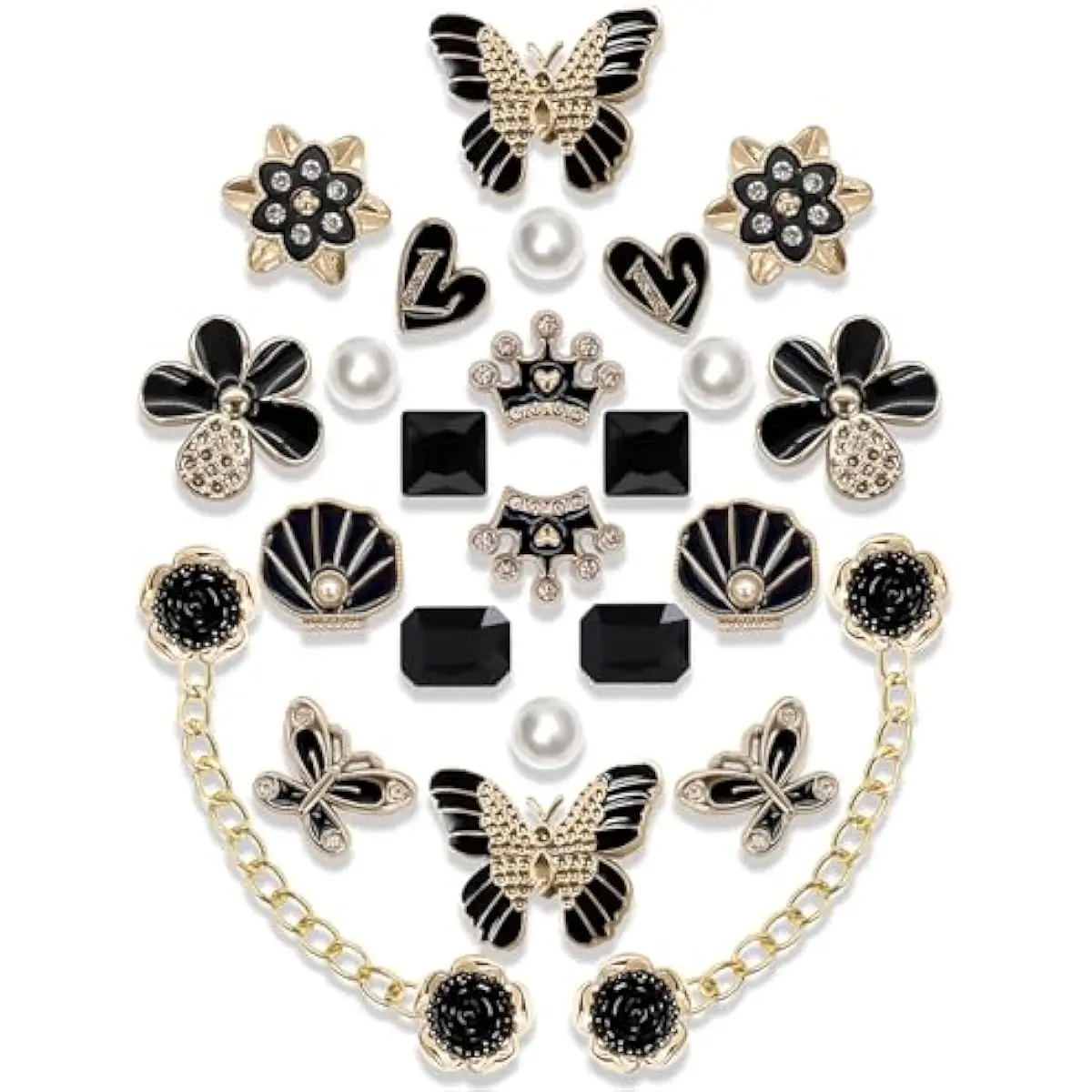24pcs Cute Lightweight Elegant Plastic Bling Shoe Charms Set - Pearl, Butterfly, Floral, Gold Chain Decorations for Clogs, Sandals - Women's Girls' Gift Fit for Hole Clips, DIY Birthday Party Accessories