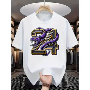Men's Graphic 24 Number & Snake Print T-Shirt - White Casual Sporty Tee with Purple/Yellow Design, Breathable Regular Fit Short Sleeve for Summer Spring, Machine Washable Gift for Men, Casual Wear |   Snake Print Shirt |   Digital Print Top