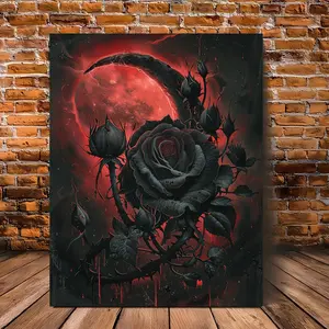 1pc Extra Large Gothic Black Rose & Red Moon Canvas Painting - Burgundy & Black Gothic Wall Decor with Thorny Branches & Dripping Effect - Wooden Framed Dark Aesthetic Art for Living Room, Bedroom