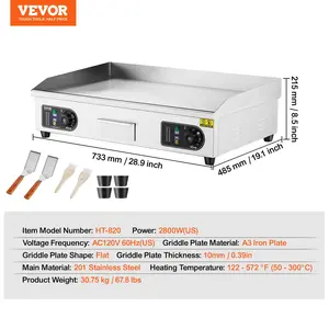 VEVOR Commercial Electric Griddle, 2800W Countertop Flat Top Grill, 122-572 Adjustable Temp, 28.74x15.75x0.39in Stainless Steel Griddle Grill with 2 Shovels, for Home Restaurant(No Plug)