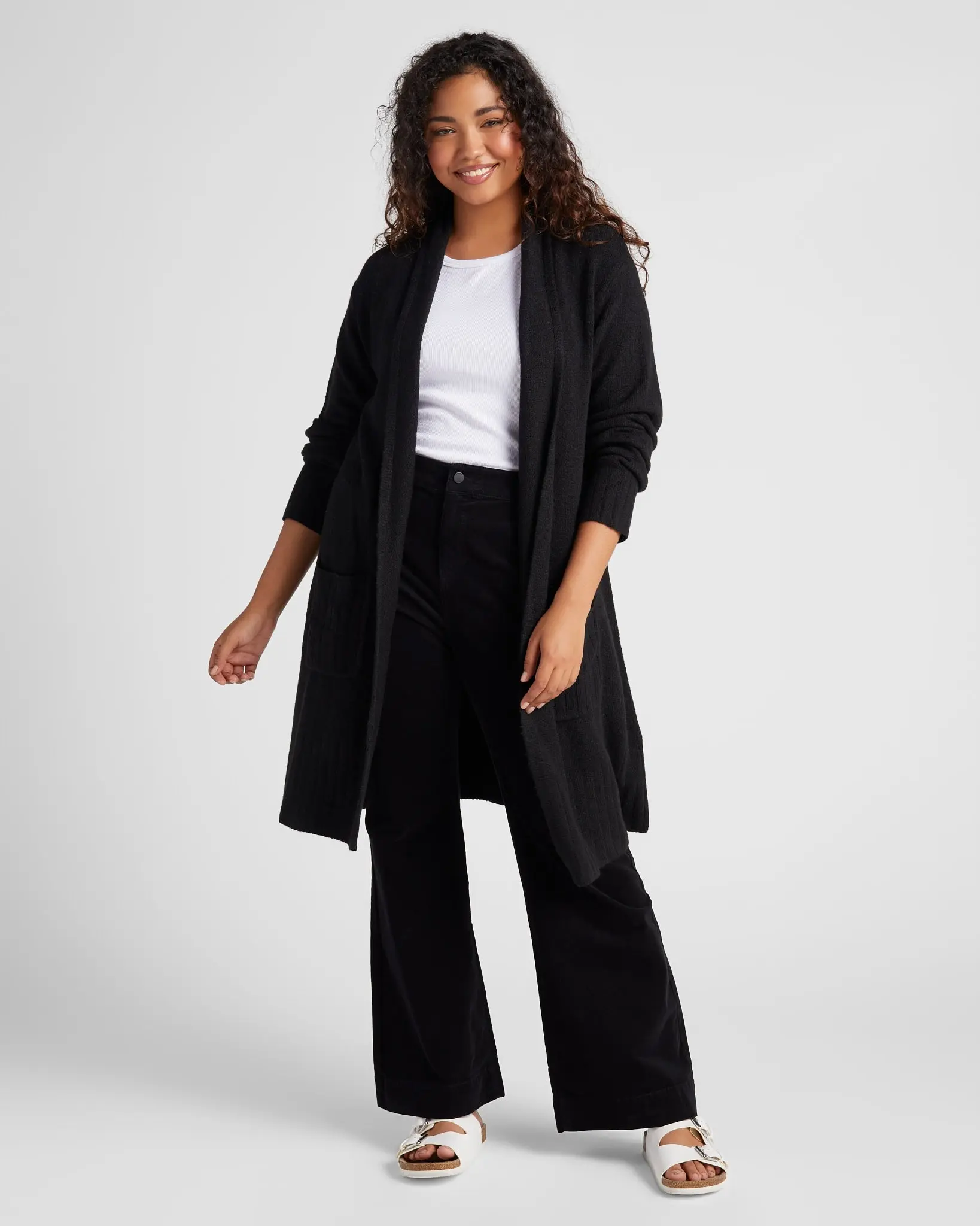 Women's Plus Size Knitwear Cardigan, Casual Long Sleeve Open-Front Knee-Length Wrap Sweater with Chic Pockets, Style, Elegance, Longsleeves, Tops, Long Sleeves, Casual Wear