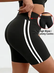 Women's Plus Size Striped Shorts, High Waist Tight Fit, High Elasticity, Four-Way Stretch, Creamy Soft Fabric, Summer Outdoor Casual Pants, Athleisure Casual Shorts, Athletic Shorts, Activewear Shorts