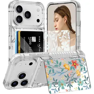For iPhone 17 Pro Max Cases16 15 14 13 12 11 Pro Max Plus case Wallet with Kickstand, 4 Cards Holder Clear Case for Women, Yellowing Resistant Transparent TPU Back Cover, Flower Flip Wallet ID Slot Cover with Stand for 17 ProMax