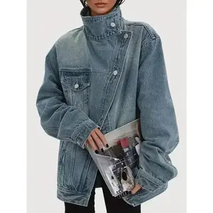 Women's Loose Fit Denim Jacket - Asymmetric Diagonal Button Design with Multiple Pockets |     Long Sleeve Vintage Blue Denim Jacket, Suitable for Street Fashion (Winter/Autumn 2025 Fashion) Womenswear Coats