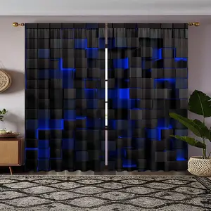 Modern Blue Geometric Print Curtains Set, Contemporary Polyester Drapes for Living Room Bedroom Dining Room Kitchen Decor
