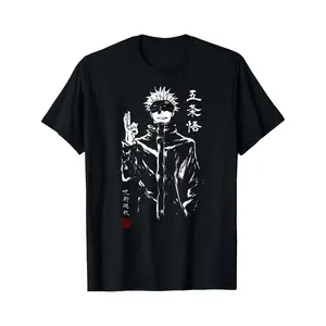 Black T-Shirt With Satoru Gojo Character Print And Japanese Text For Anime Fans Casual Wear