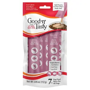 Good 'n' Tasty Triple Flavor Puree Mix-Ins Dog Food Topper Treats for All Dogs 7 Count Easy Single-Serve Portions with Salmon Tuna & Krill No Chicken or Beef Added