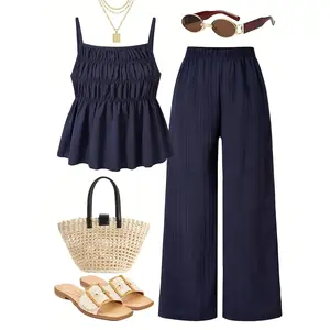 Casual Wrinkled Texture Halter Top & Wide Leg Pants Set, 2 Piece for Daily Wear, Vacation, Sister Photos, Spring Summer Clothing