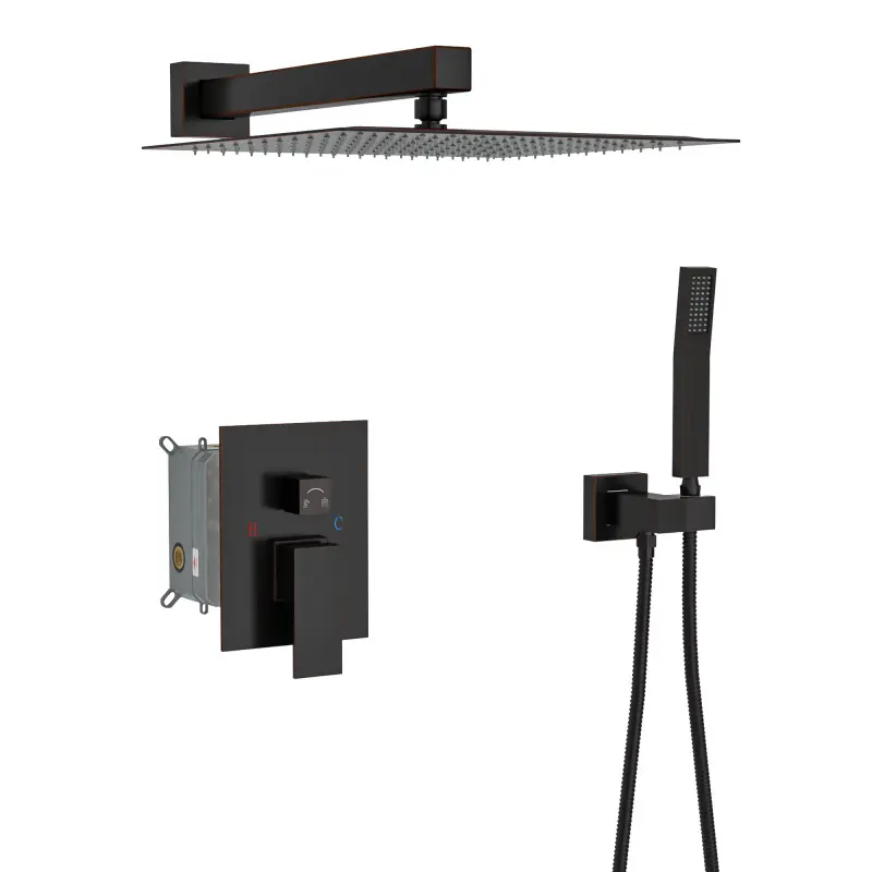 Dual Shower Head - 12 Inch Wall Mounted Square Shower System with Rough-in Valve, Oil Rubber Bronze On-Site
