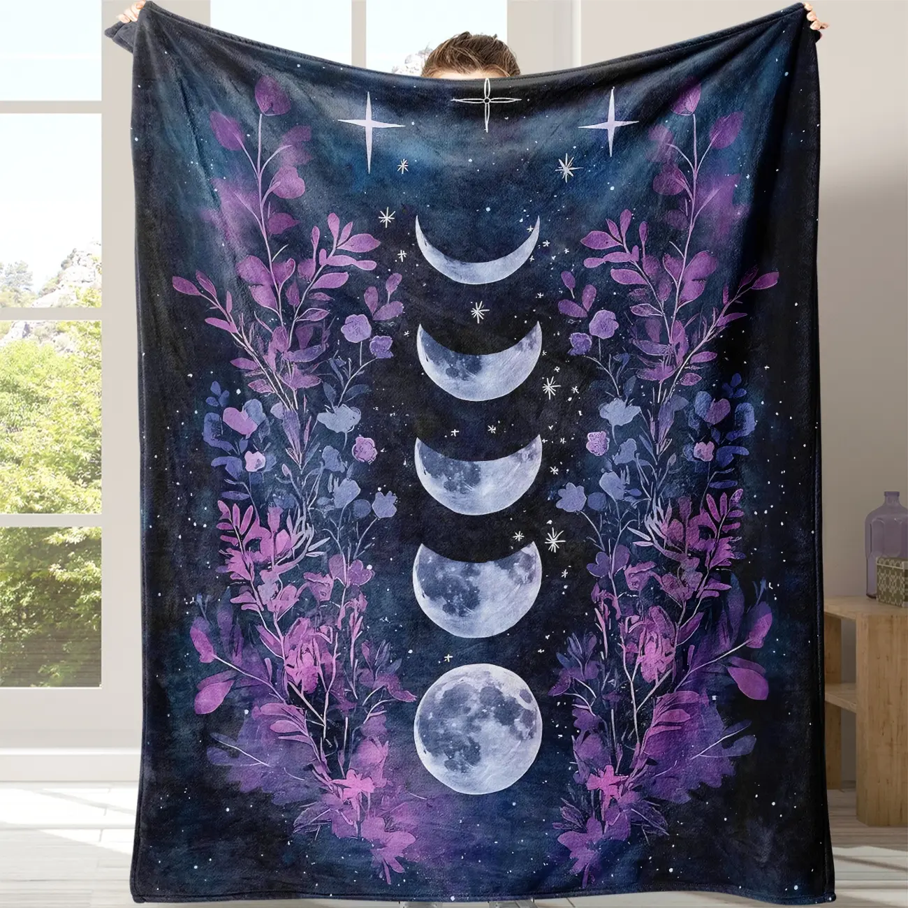 Soft Flannel Blanket, New Moon Design, Unique Moon Shape, Cozy Comfortable Lightweight Soft Warm Throw Blanket for Office School Home Picnic Travel Gift Idea, Floral Print Blanket, Cozy Chic Blanket, Stylish Blanket, Cozy Blankets, Soft Throws Blanket