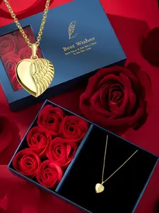 Women's Elegant Heart Design Pendant Necklace with Rose Gift Box, Exquisite Trendy Pendant Necklace, Chic Jewelry As Gift for Girlfriend & Mother