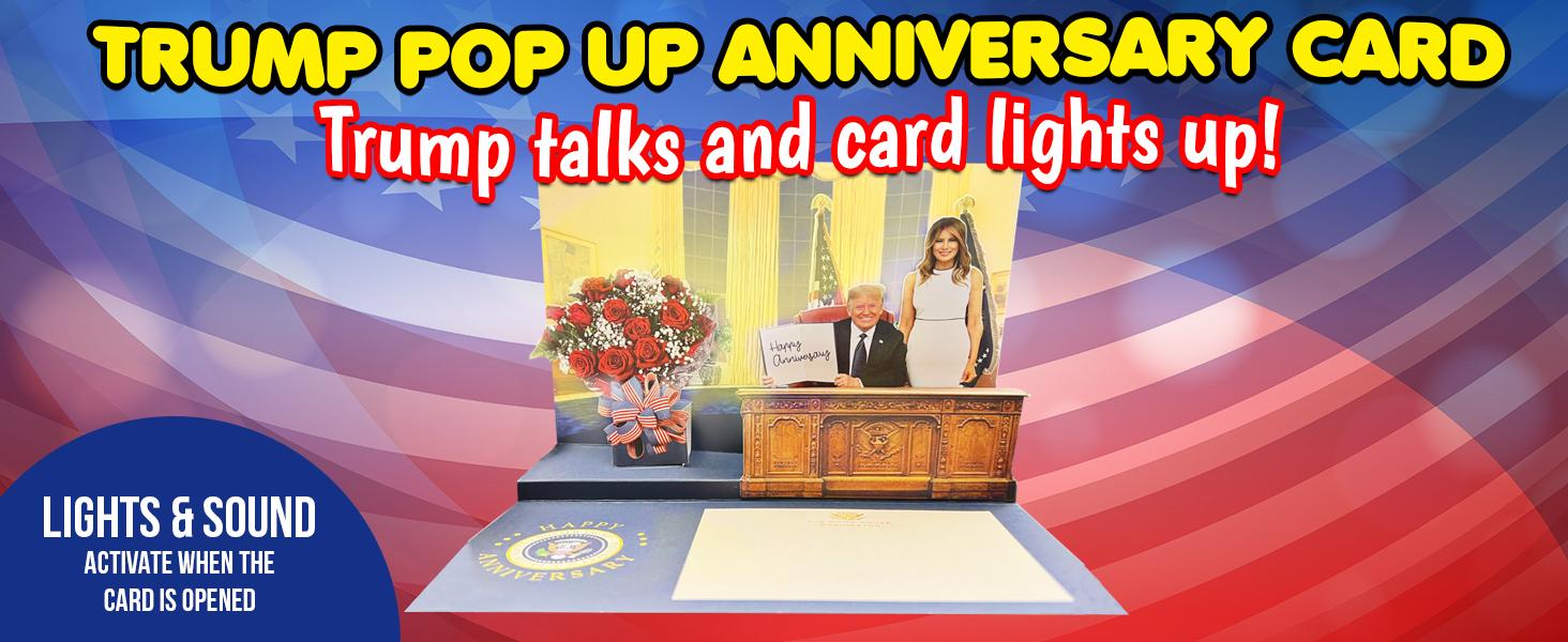 Trump Pop Up Anniversary Card with Real Voice, Lights & Music - 3D Scene Plays Happy Anniversary in Donald Trump's Voice - Funny Novelty Greeting Card for Couple, Husband & Wife (Oval Office)