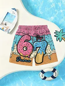 Ice Cream Number 67 Print Summer Shorts, Unisex Quick-Dry Beach Trunks, Swim Bottoms, Breathable Loose Fit Swimwear for Pool and Vacation
