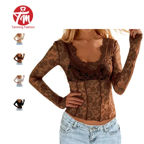 Tanming Womens Floral Lace Square Neck Top - Sheer Long Sleeve Slim-Fit Layering Tee with Scalloped Trim - Spring Summer Fall Daily Date Party