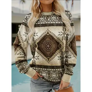 Western Ethnic Print Sweatshirt, Vintage Long Sleeve Crew Neck Sweatshirt, Women's Clothing Womenswear Collar