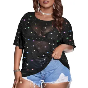 Sequined large-sized see-through short-sleeved top, fashionable see-through shirt T-shirt, high-elastic and comfortable large-sized round-neck short-sleeved