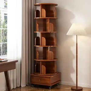 Retro Style 360° Rotating Bookshelf-Country Style Open Corner Design with Wheels, 6-Layer Display Suitable for Small Space, Easy to Move, Suitable for Bedroom, Living Room Or Study