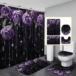 1pc/4pcs 2D Flat Purple Rose Pattern Multi-Color Background Shower Curtain, Modern and Personalized Home Bathroom Art Decoration, Shower Curtain Set with 12 Hooks, Bathroom Non-Slip Mat, Toilet Seat Cover, Holiday Decoration