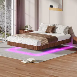 Cool bed frames；Walnut Queen Floating Bed Frame with LED Lights, Wave Curve Wood Texture Bed with Heavy Duty Metal Slats - No Box Spring Needed.